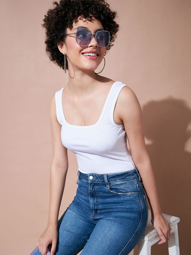 Women's White Rib Sleeveless Top
