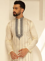 Men's Cream Cotton Silk Long Kurta with Elegant Neck Embroidery