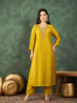 Women's Yellow Gracefully Beaded Yoke Kurta Paired with Solid Trouser and Dupatta