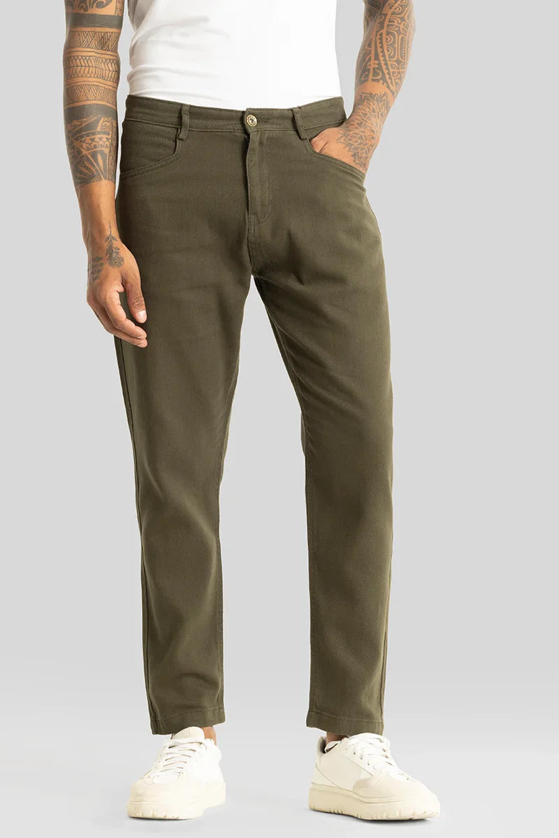 Men's Olive Casual Regular Fit Solid Chinos