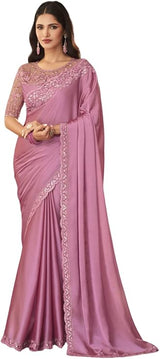 Women's Georgette Pink Embellished Designer Saree with Blouse Piece