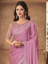Women's Georgette Pink Embellished Designer Saree with Blouse Piece