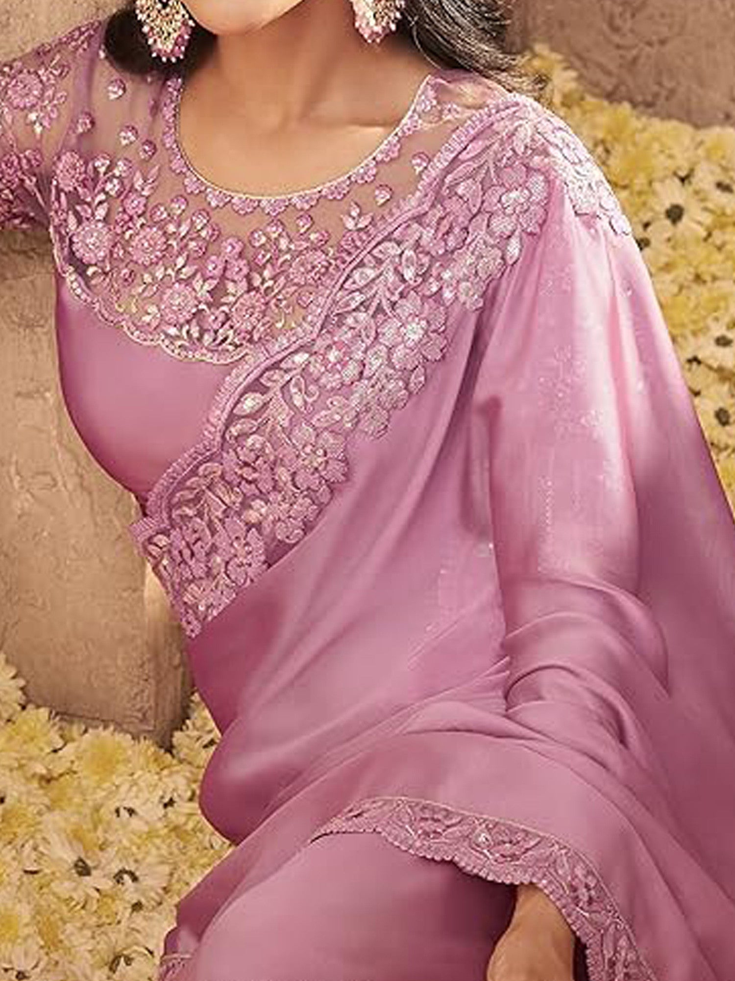 Women's Georgette Pink Embellished Designer Saree with Blouse Piece