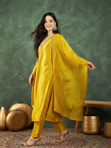 Women's Yellow Gracefully Beaded Yoke Kurta Paired with Solid Trouser and Dupatta