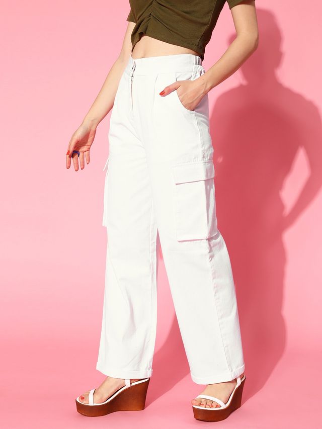 Women's White Casual Solid Regular Fit Cargos