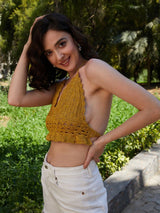 Women's Mustard Casual Self-Design Regular Fit Sleeveless Top