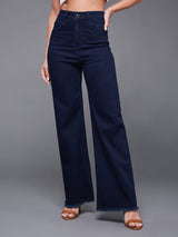Women's Navy Blue Wide leg High Rise Clean Look Stretchable Denim Jeans