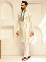 Men's Cream Cotton Silk Long Kurta with Elegant Neck Embroidery