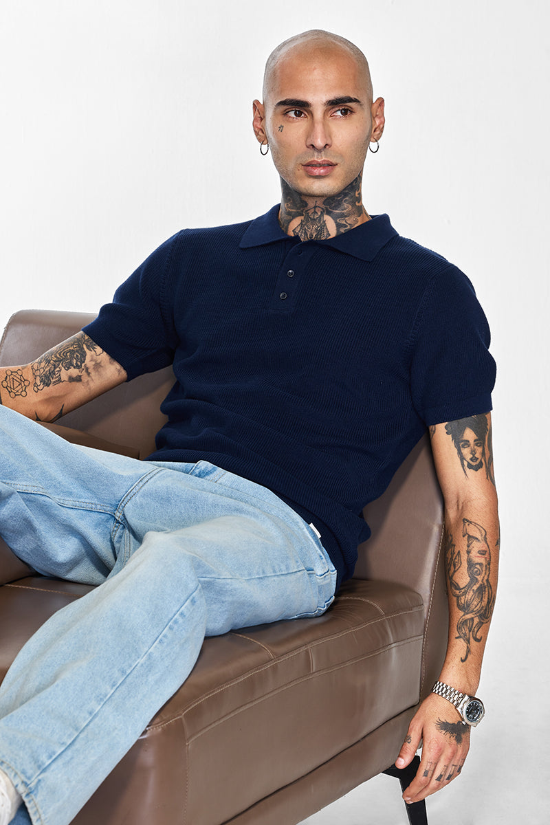 Men's Navy Casual Slim Fit Printed Half Sleeves Polo Tshirt