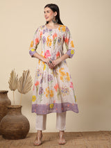 Women's White Daily Floral Three-Quarter Sleeves Kurta Sets