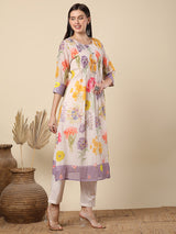 Women's White Daily Floral Three-Quarter Sleeves Kurta Sets