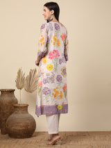 Women's White Daily Floral Three-Quarter Sleeves Kurta Sets