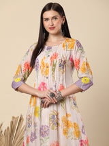 Women's White Daily Floral Three-Quarter Sleeves Kurta Sets