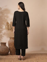 Women's Black Casual Three Quarter Sleeves Co-ords Set