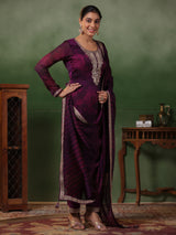 Women's Purple Festive Ethnic Motifs Full Sleeves Kurta Sets