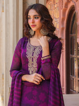 Women's Purple Festive Ethnic Motifs Full Sleeves Kurta Sets