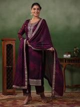 Women's Purple Festive Ethnic Motifs Full Sleeves Kurta Sets
