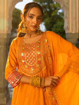 Women's Bronze Festive Ethnic Motifs Three-Quarter Sleeves Kurta Sets