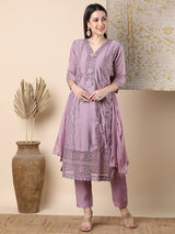 Women's Purple Festive Floral Three-Quarter Sleeves Kurta Sets