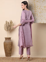 Women's Purple Festive Floral Three-Quarter Sleeves Kurta Sets