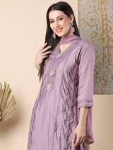 Women's Purple Festive Floral Three-Quarter Sleeves Kurta Sets