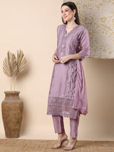 Women's Purple Festive Floral Three-Quarter Sleeves Kurta Sets