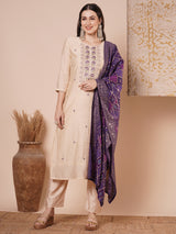 Women's Beige Festive Floral Three-Quarter Sleeves Kurta Sets