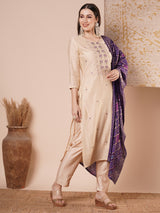 Women's Beige Festive Floral Three-Quarter Sleeves Kurta Sets