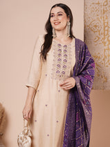 Women's Beige Festive Floral Three-Quarter Sleeves Kurta Sets