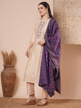 Women's Beige Festive Floral Three-Quarter Sleeves Kurta Sets
