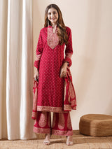 Women's Red Festive Ethnic Motifs Three-Quarter Sleeves Kurta Sets