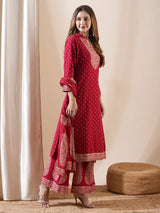 Women's Red Festive Ethnic Motifs Three-Quarter Sleeves Kurta Sets