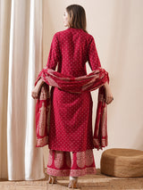 Women's Red Festive Ethnic Motifs Three-Quarter Sleeves Kurta Sets