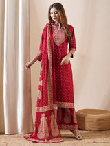 Women's Red Festive Ethnic Motifs Three-Quarter Sleeves Kurta Sets