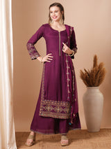 Women's Purple Festive Floral Full Sleeves Kurta Sets