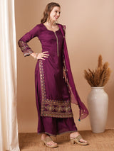 Women's Purple Festive Floral Full Sleeves Kurta Sets