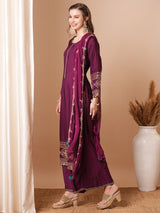 Women's Purple Festive Floral Full Sleeves Kurta Sets