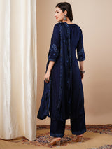 Women's Blue Festive Floral Three-Quarter Sleeves Kurta Sets