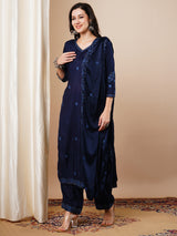 Women's Blue Festive Floral Three-Quarter Sleeves Kurta Sets