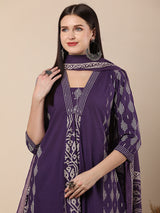Women's Purple Festive Ethnic Motifs Three-Quarter Sleeves Kurta Sets