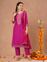 Women's Purple Festive Ethnic Motifs Three-Quarter Sleeves Kurta Sets