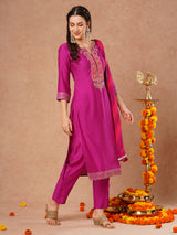 Women's Purple Festive Ethnic Motifs Three-Quarter Sleeves Kurta Sets