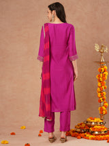 Women's Purple Festive Ethnic Motifs Three-Quarter Sleeves Kurta Sets