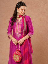 Women's Purple Festive Ethnic Motifs Three-Quarter Sleeves Kurta Sets