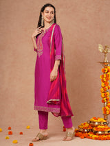 Women's Purple Festive Ethnic Motifs Three-Quarter Sleeves Kurta Sets