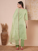 Women's Green Festive Geometric Three-Quarter Sleeves Kurta Sets