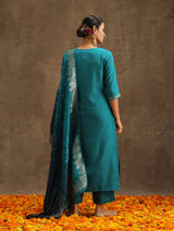 Women's Green Pure Silk Zari Work Kurta & Pure Silk Solid Trousers with Printed & Jacquard Work Dupatta