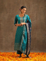 Women's Green Pure Silk Zari Work Kurta & Pure Silk Solid Trousers with Printed & Jacquard Work Dupatta
