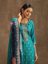 Women's Green Pure Silk Zari Work Kurta & Pure Silk Solid Trousers with Printed & Jacquard Work Dupatta