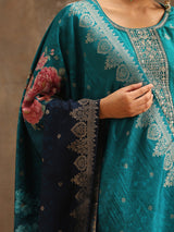Women's Green Pure Silk Zari Work Kurta & Pure Silk Solid Trousers with Printed & Jacquard Work Dupatta